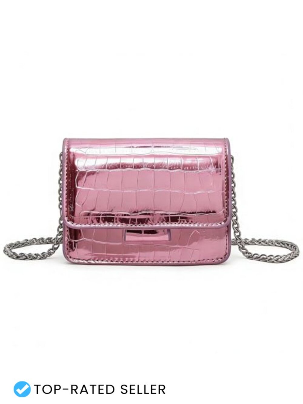 Patent Leather Crocodile Mini Crossbody Bag Silver Chain Strap Small Clutch